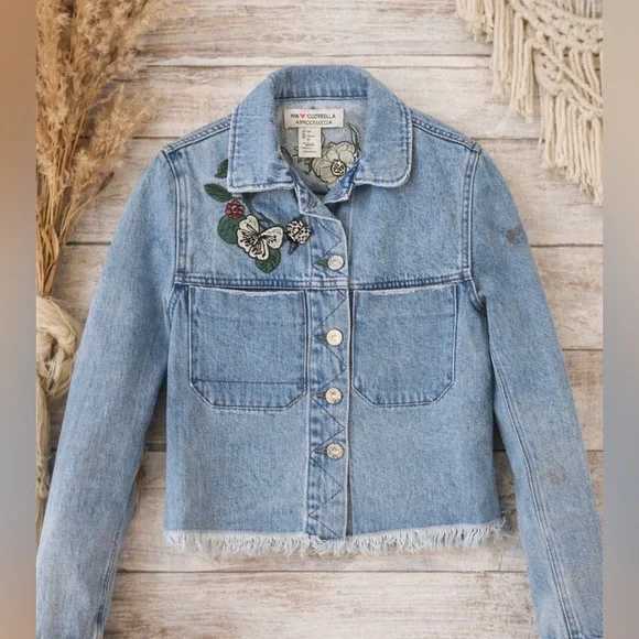 H&M Coachella Floral Embroidered Cropped Denim Jacket Women’s 2 Boho Festival - Picture 1 of 9